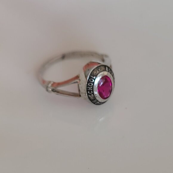Vintage 90s Sterling Silver Ruby Academia School Class Signet Pinky Ring 3 - Picture 2 of 5